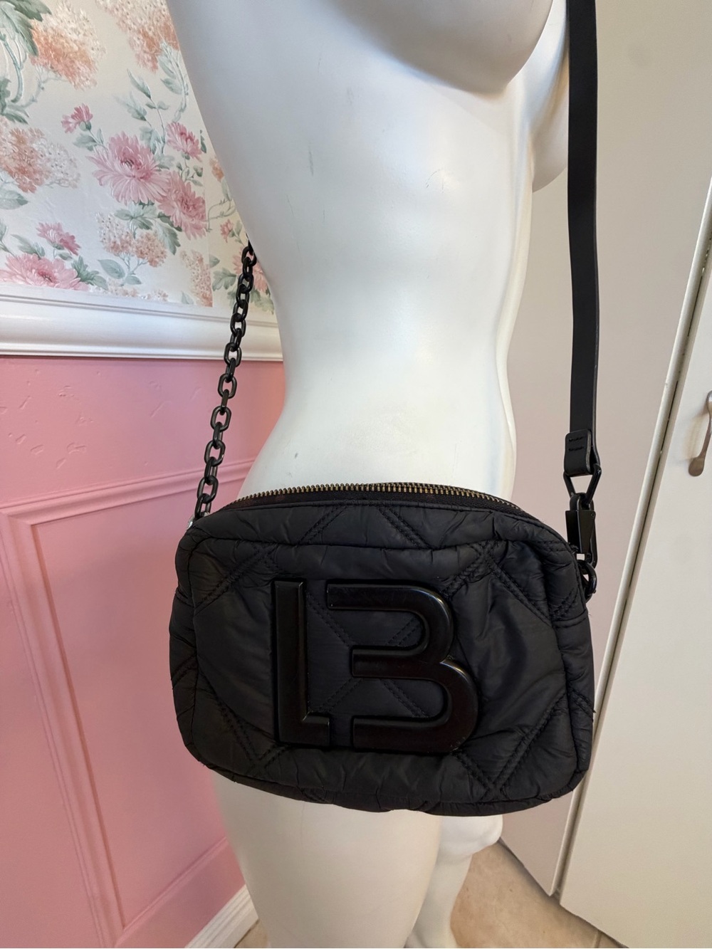 LB Quilted Black Crossbody Bag with Chain Strap